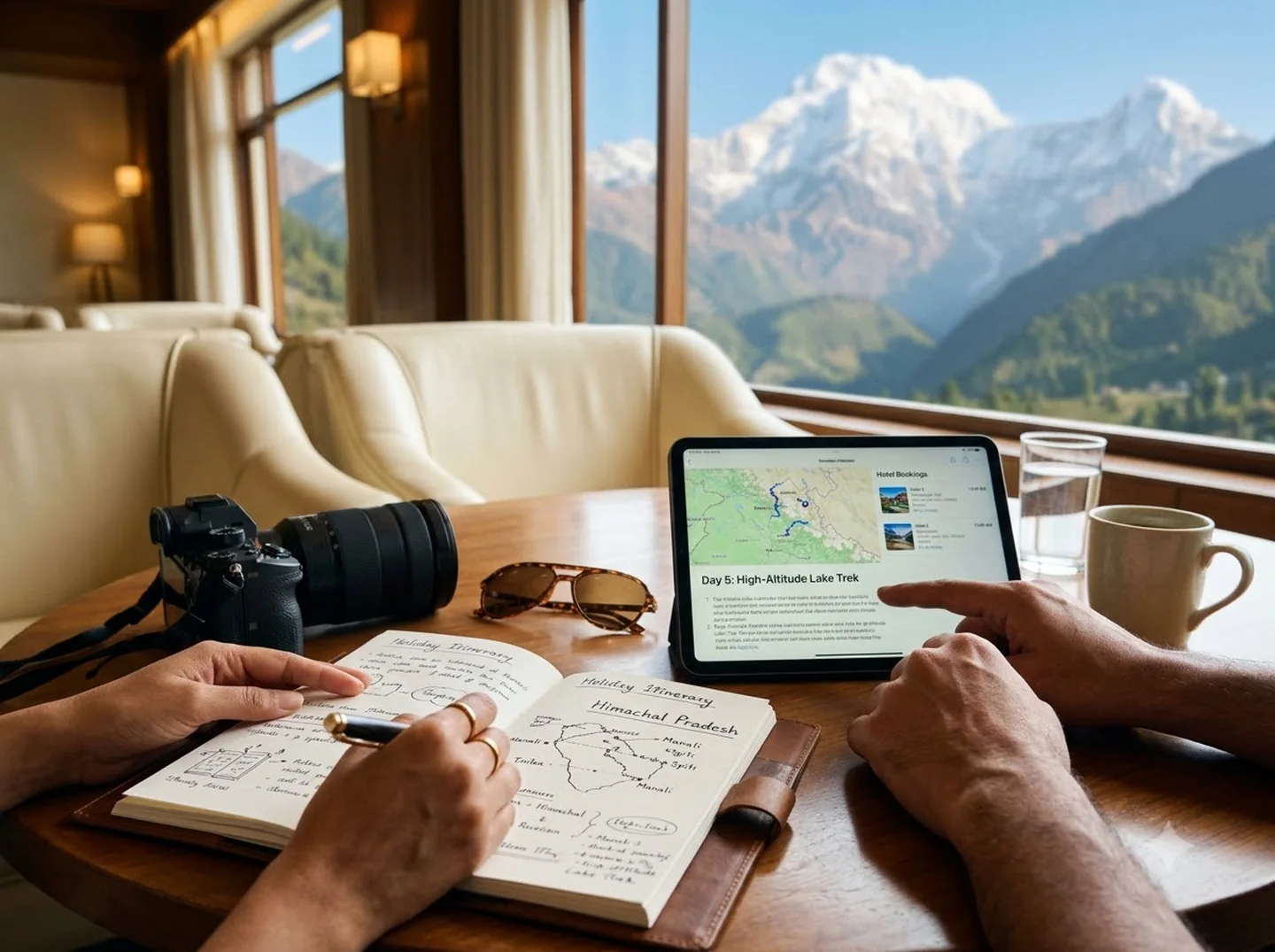 A couple planning a Himachal holiday itinerary on a tablet and notebook, mountains in view